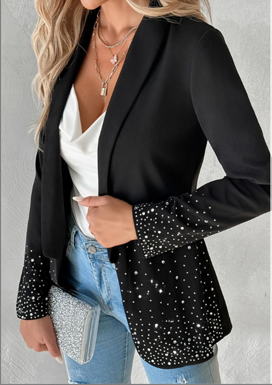 ChicMe Rhinestone Blazer Black Glam Open Front Jacket XL Evening Chic Sparkle